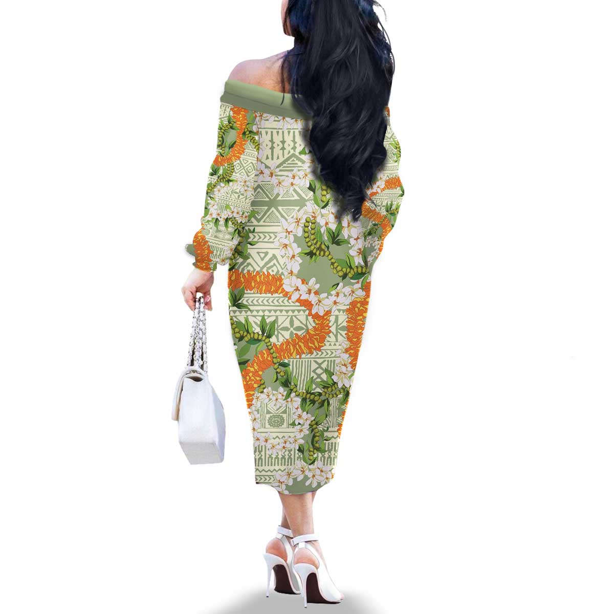 Aloha Festive Hawaii Family Matching Off The Shoulder Long Sleeve Dress and Hawaiian Shirt Mokihana - Maile Leis in Muted Summer LT7 - Polynesian Pride