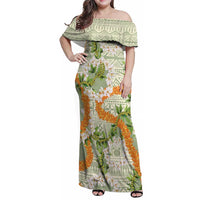 Aloha Festive Hawaii Family Matching Off Shoulder Maxi Dress and Hawaiian Shirt Mokihana - Maile Leis in Muted Summer LT7 Mom's Dress Sage Green - Polynesian Pride