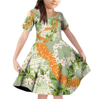 Aloha Festive Hawaii Family Matching Off Shoulder Short Dress and Hawaiian Shirt Mokihana - Maile Leis in Muted Summer LT7 Daughter's Dress Sage Green - Polynesian Pride