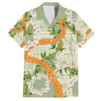Aloha Festive Hawaii Family Matching Off Shoulder Short Dress and Hawaiian Shirt Mokihana - Maile Leis in Muted Summer LT7 Dad's Shirt - Short Sleeve Sage Green - Polynesian Pride