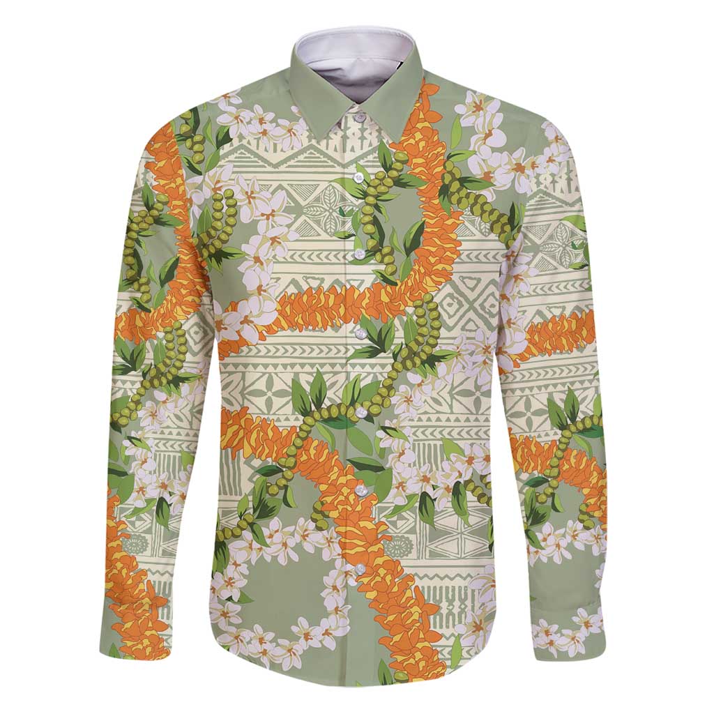 Aloha Festive Hawaii Family Matching Puletasi and Hawaiian Shirt Mokihana - Maile Leis in Muted Summer LT7 Dad's Shirt - Long Sleeve Sage Green - Polynesian Pride