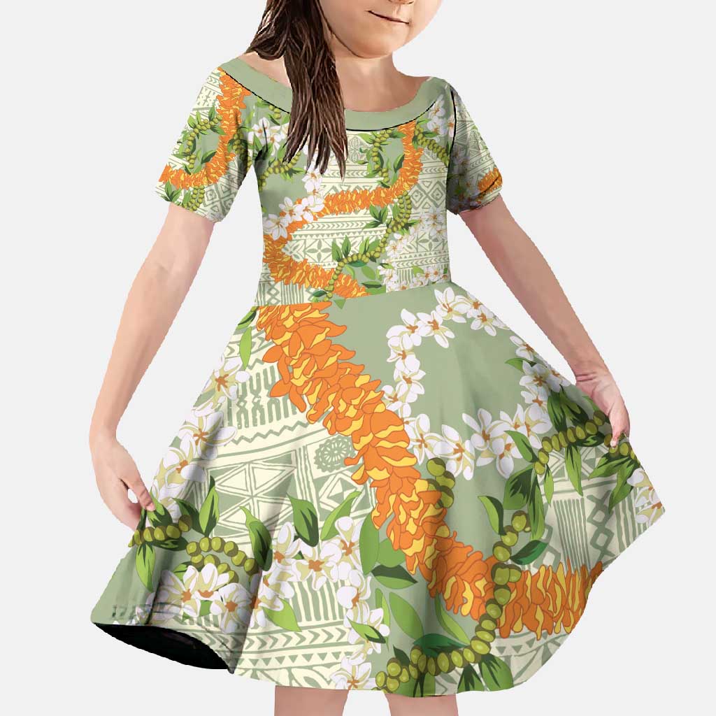 Aloha Festive Hawaii Family Matching Summer Maxi Dress and Hawaiian Shirt Mokihana - Maile Leis in Muted Summer LT7 Daughter's Dress Sage Green - Polynesian Pride
