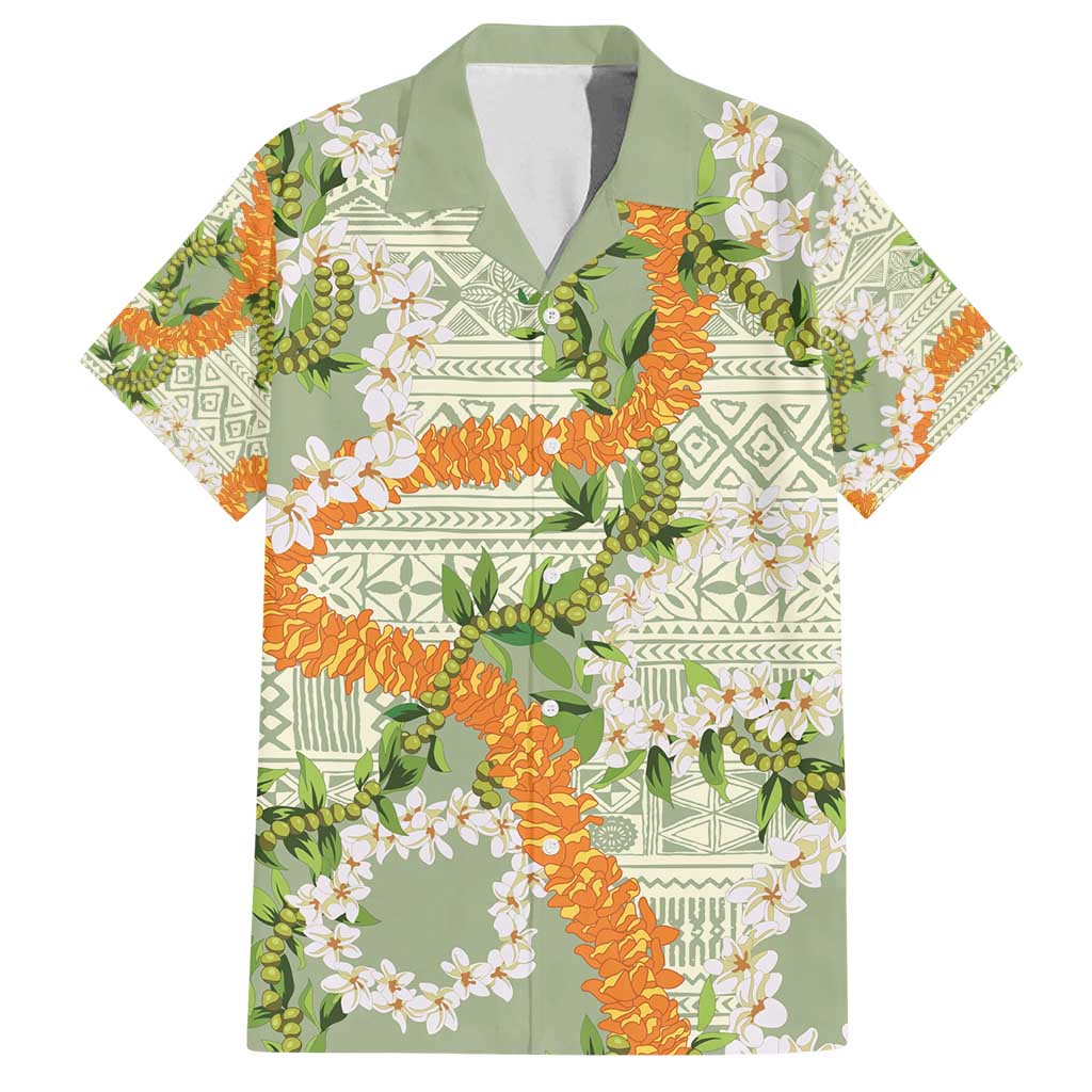 Aloha Festive Hawaii Family Matching Summer Maxi Dress and Hawaiian Shirt Mokihana - Maile Leis in Muted Summer LT7 Dad's Shirt - Short Sleeve Sage Green - Polynesian Pride