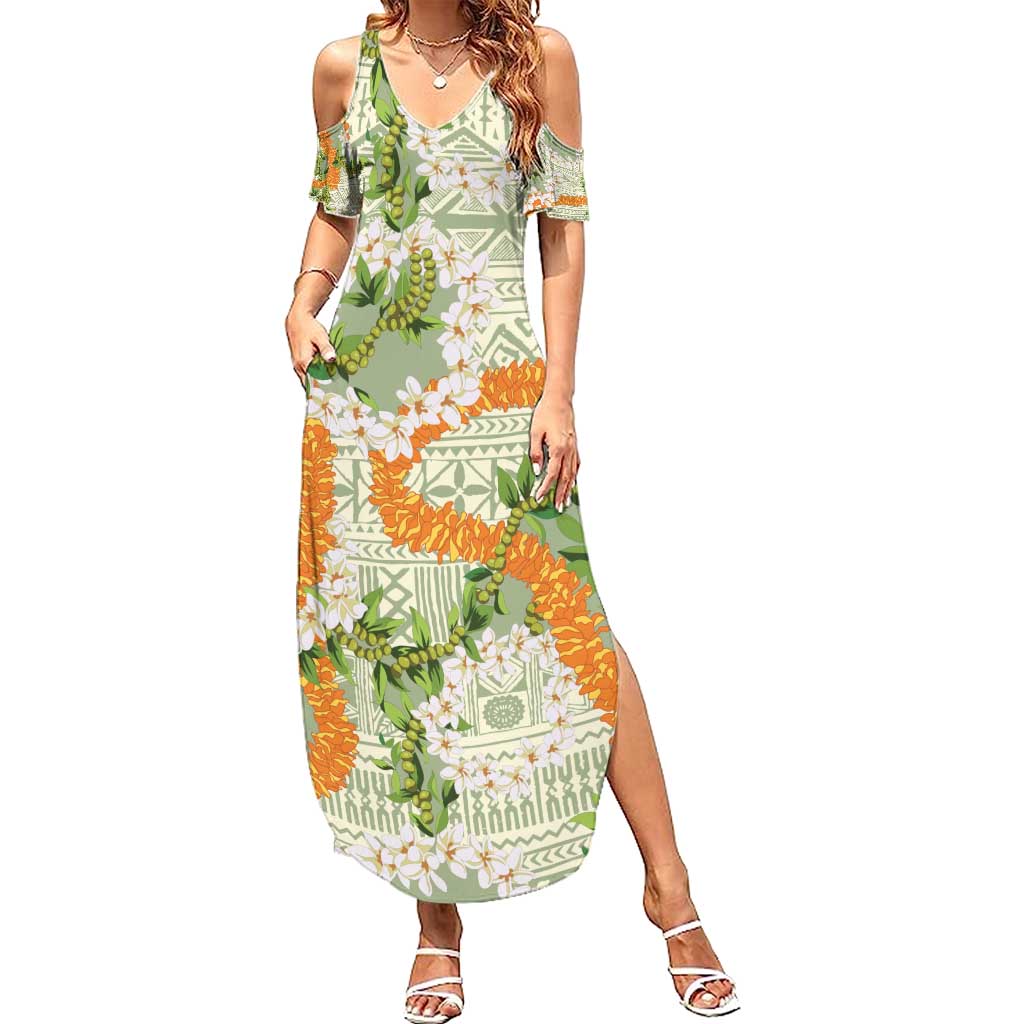 Aloha Festive Hawaii Family Matching Summer Maxi Dress and Hawaiian Shirt Mokihana - Maile Leis in Muted Summer LT7 Mom's Dress Sage Green - Polynesian Pride