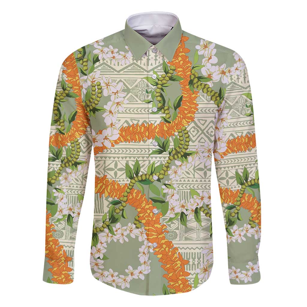 Aloha Festive Hawaii Family Matching Tank Maxi Dress and Hawaiian Shirt Mokihana - Maile Leis in Muted Summer LT7 Dad's Shirt - Long Sleeve Sage Green - Polynesian Pride