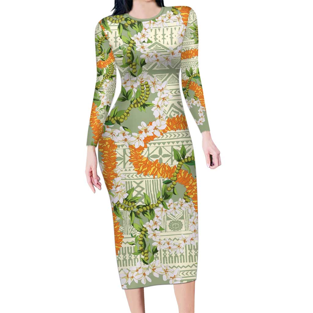 Aloha Festive Hawaii Long Sleeve Bodycon Dress Mokihana - Maile Leis in Muted Summer - Polynesian Pride