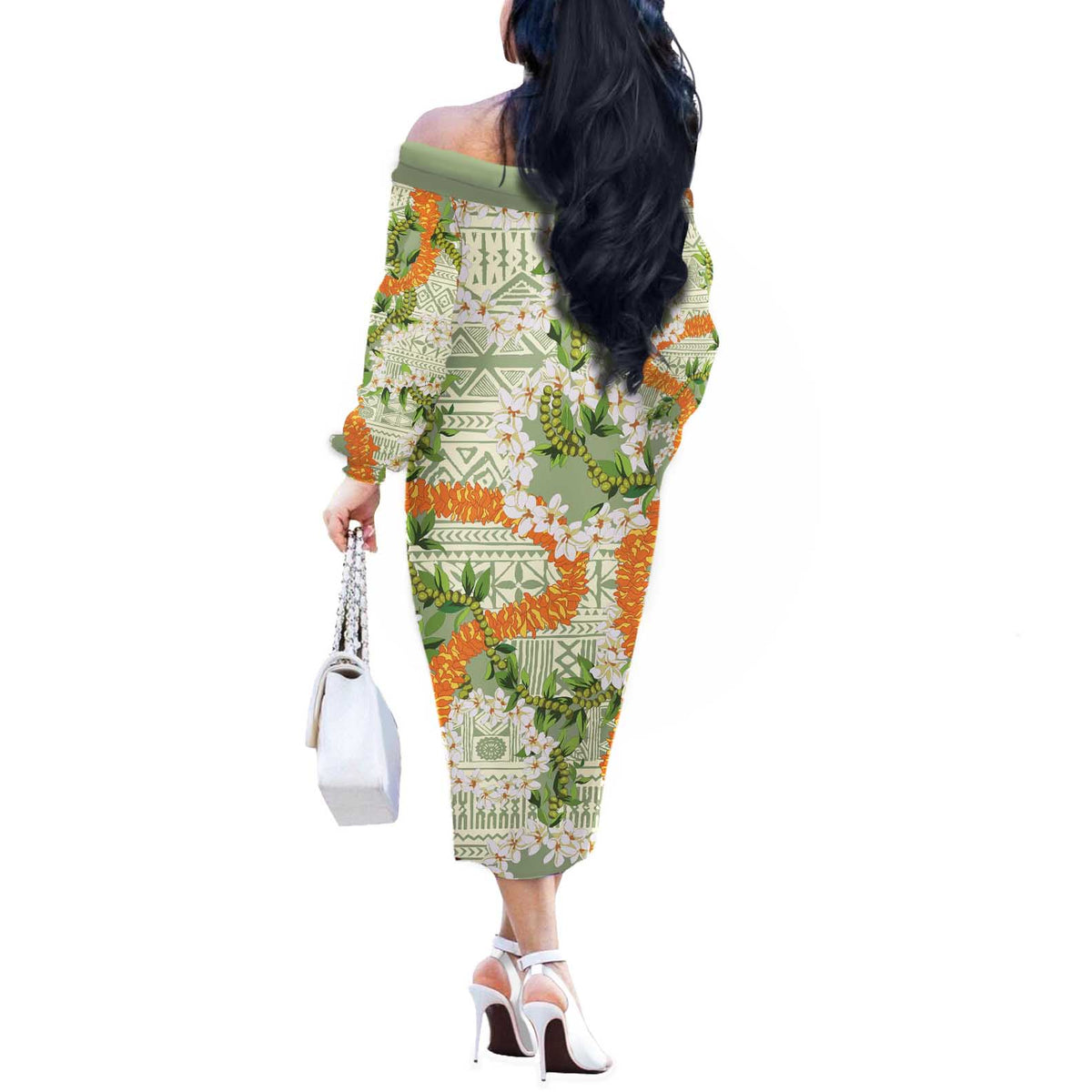 Aloha Festive Hawaii Off The Shoulder Long Sleeve Dress Mokihana - Maile Leis in Muted Summer LT7 - Polynesian Pride