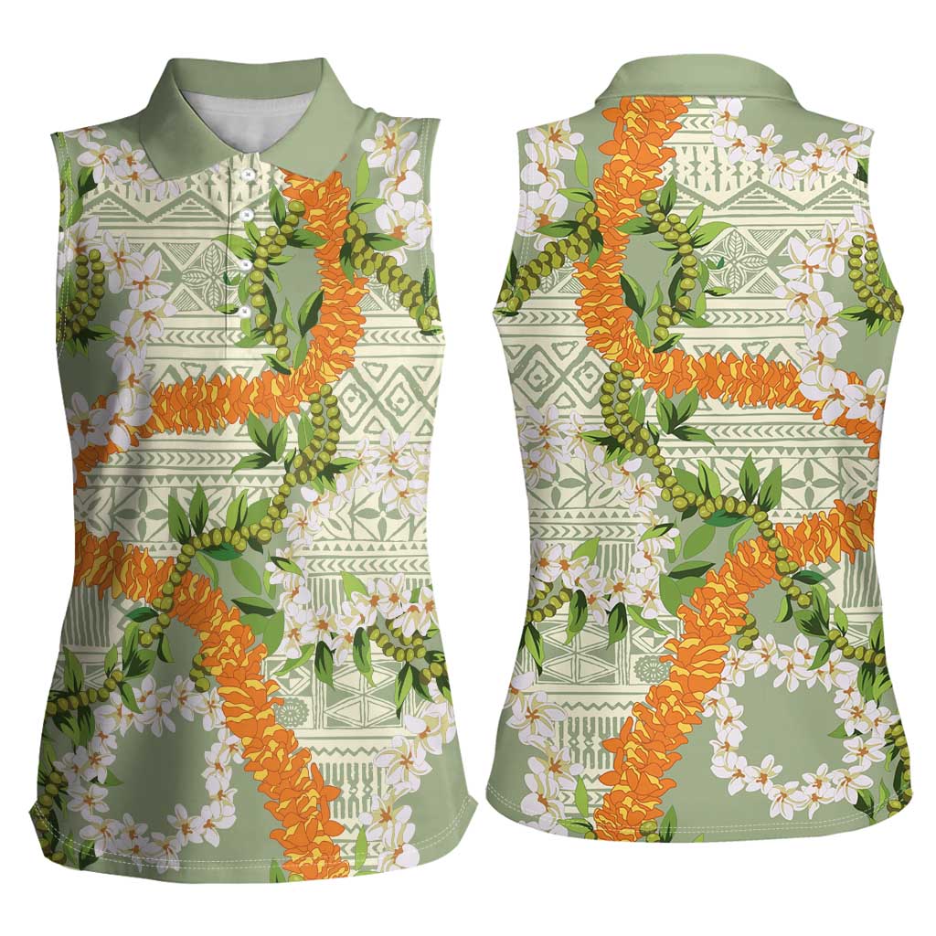 Aloha Festive Hawaii Women Sleeveless Polo Shirt Mokihana - Maile Leis in Muted Summer LT7 - Polynesian Pride