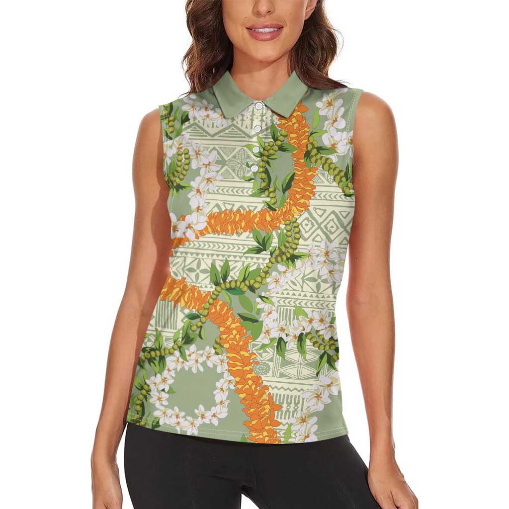 Aloha Festive Hawaii Women Sleeveless Polo Shirt Mokihana - Maile Leis in Muted Summer LT7 - Polynesian Pride