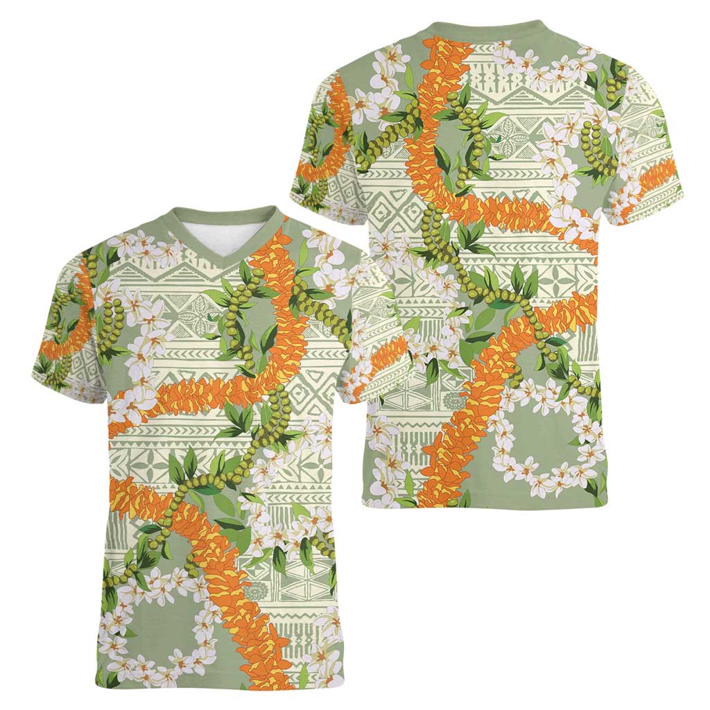 Aloha Festive Hawaii Women V-Neck T-Shirt Mokihana - Maile Leis in Muted Summer LT7 - Polynesian Pride