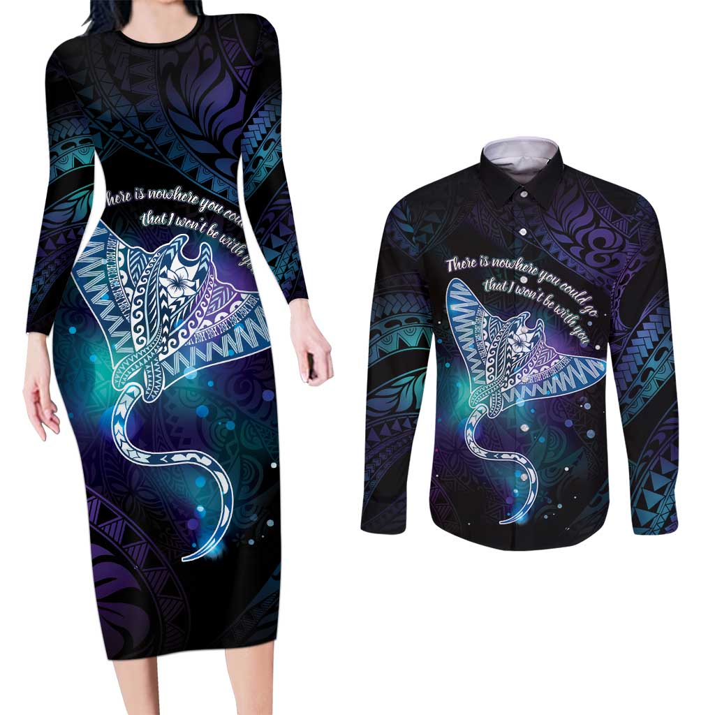 Polynesian Tala Manta Ray Couples Matching Long Sleeve Bodycon Dress and Long Sleeve Button Shirt Nowhere You Could Go That I Won't Be With You LT7 Purple Teal - Polynesian Pride