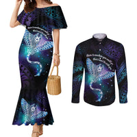 Polynesian Tala Manta Ray Couples Matching Mermaid Dress and Long Sleeve Button Shirt Nowhere You Could Go That I Won't Be With You LT7 Purple Teal - Polynesian Pride
