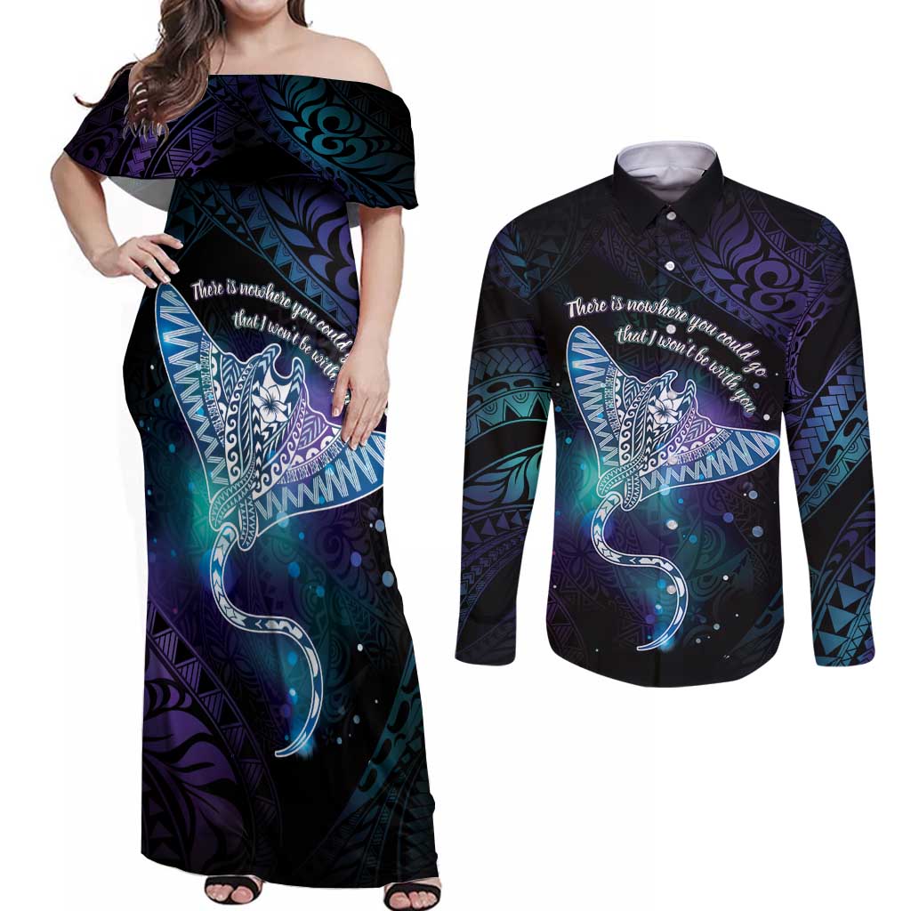 Polynesian Tala Manta Ray Couples Matching Off Shoulder Maxi Dress and Long Sleeve Button Shirt Nowhere You Could Go That I Won't Be With You LT7 Purple Teal - Polynesian Pride