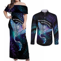 Polynesian Tala Manta Ray Couples Matching Off Shoulder Maxi Dress and Long Sleeve Button Shirt Nowhere You Could Go That I Won't Be With You LT7 Purple Teal - Polynesian Pride