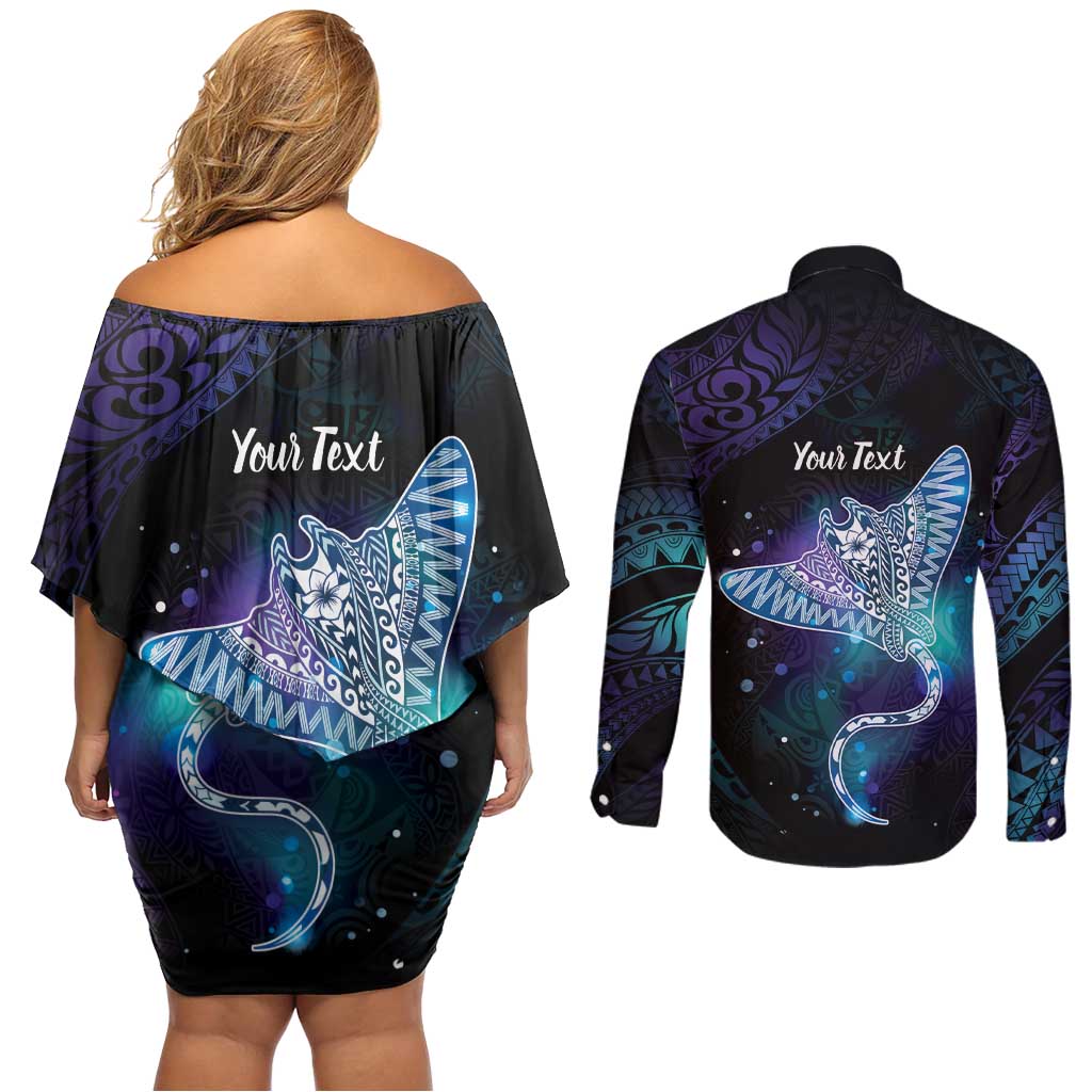 Polynesian Tala Manta Ray Couples Matching Off Shoulder Short Dress and Long Sleeve Button Shirt Nowhere You Could Go That I Won't Be With You LT7 - Polynesian Pride