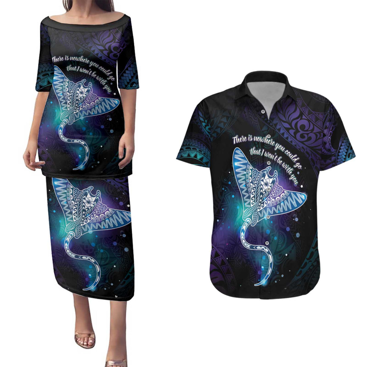 Polynesian Tala Manta Ray Couples Matching Puletasi and Hawaiian Shirt Nowhere You Could Go That I Won't Be With You LT7 Purple Teal - Polynesian Pride