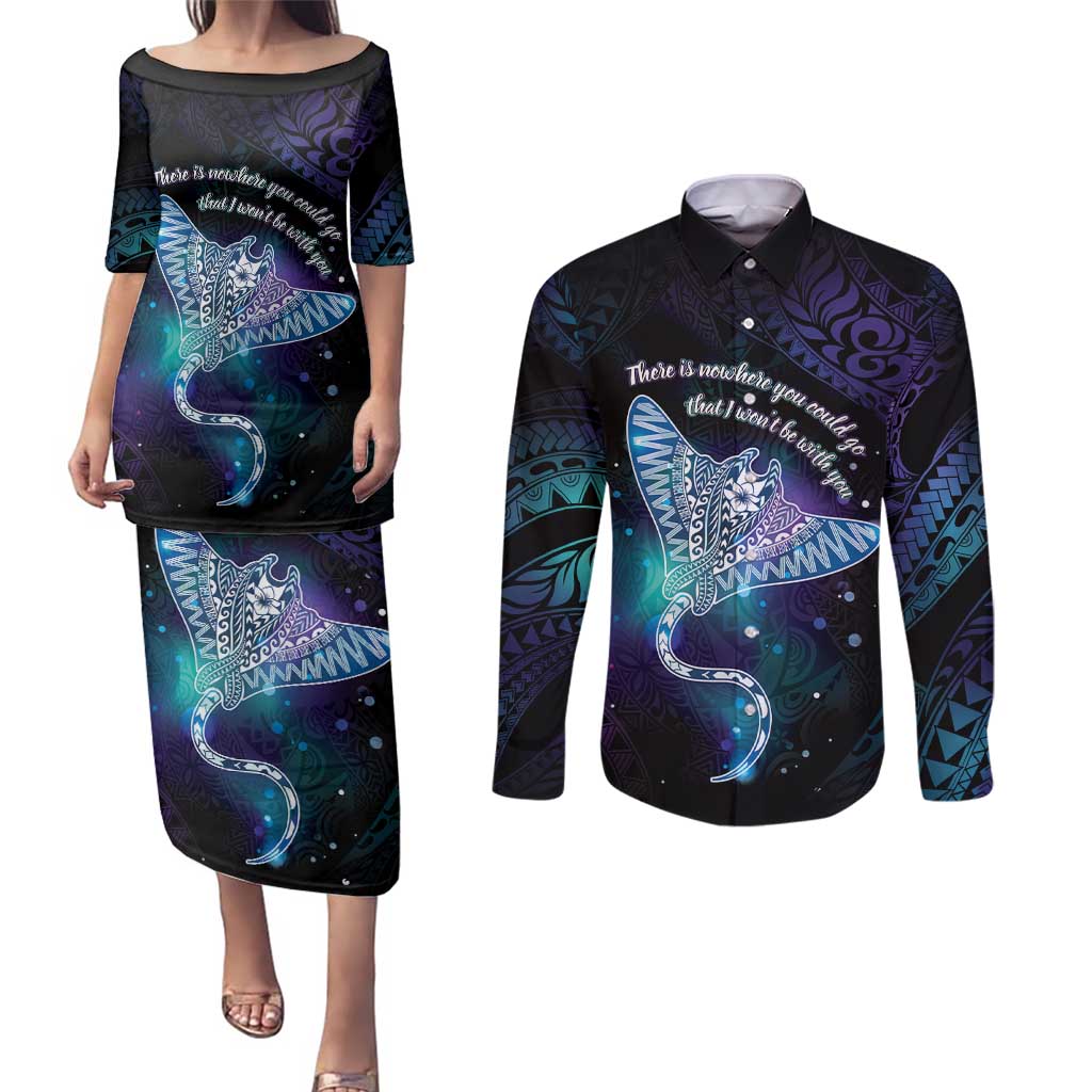 Polynesian Tala Manta Ray Couples Matching Puletasi and Long Sleeve Button Shirt Nowhere You Could Go That I Won't Be With You LT7 Purple Teal - Polynesian Pride