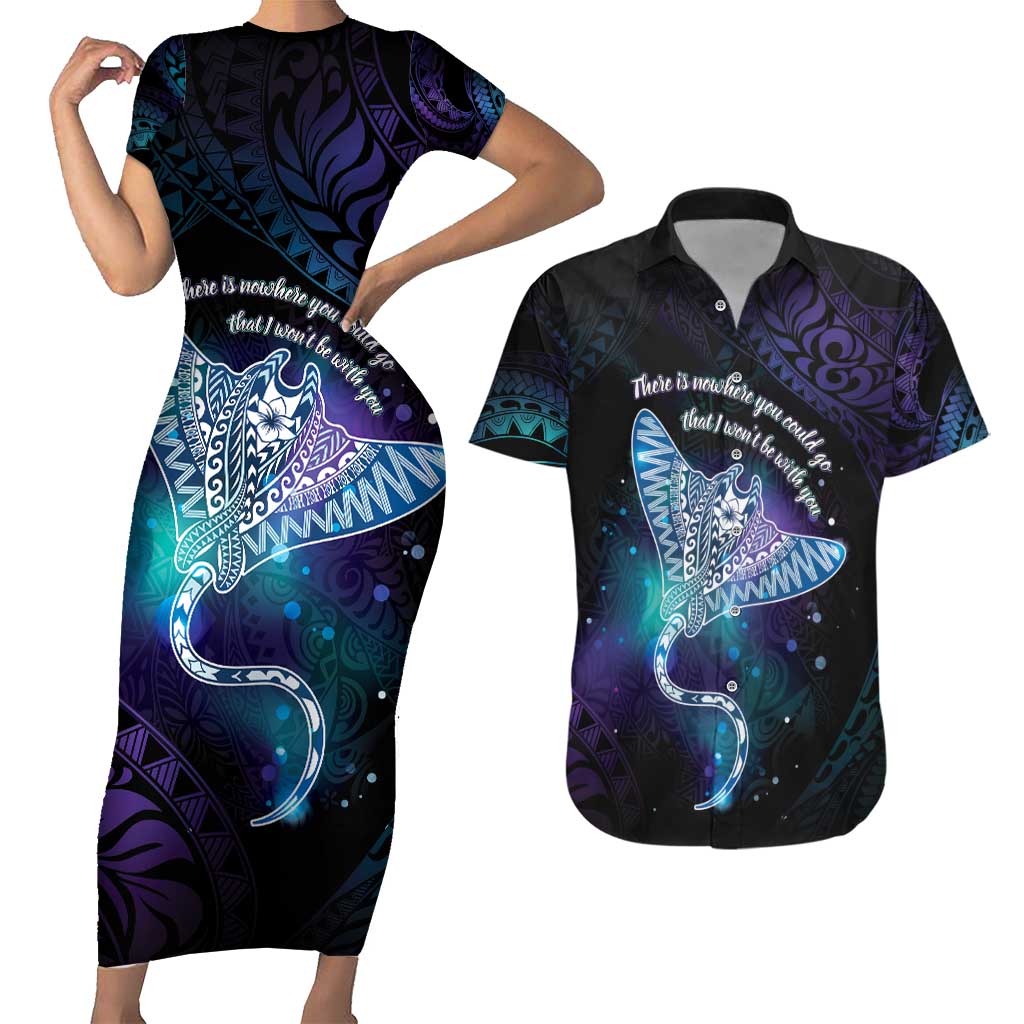 Polynesian Tala Manta Ray Couples Matching Short Sleeve Bodycon Dress and Hawaiian Shirt Nowhere You Could Go That I Won't Be With You LT7 Purple Teal - Polynesian Pride