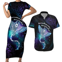 Polynesian Tala Manta Ray Couples Matching Short Sleeve Bodycon Dress and Hawaiian Shirt Nowhere You Could Go That I Won't Be With You LT7 Purple Teal - Polynesian Pride