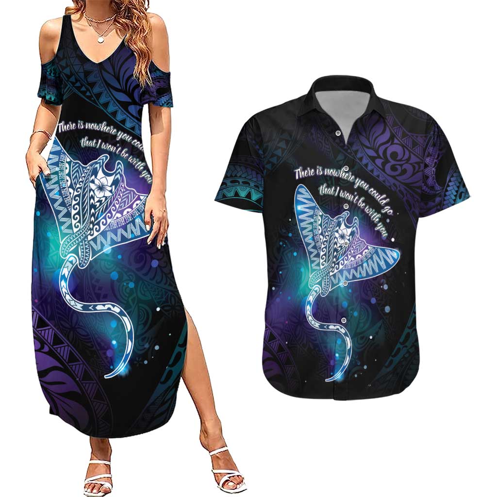 Polynesian Tala Manta Ray Couples Matching Summer Maxi Dress and Hawaiian Shirt Nowhere You Could Go That I Won't Be With You LT7 Purple Teal - Polynesian Pride