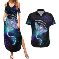 Polynesian Tala Manta Ray Couples Matching Summer Maxi Dress and Hawaiian Shirt Nowhere You Could Go That I Won't Be With You LT7 Purple Teal - Polynesian Pride