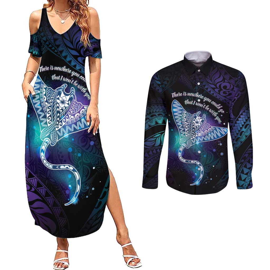Polynesian Tala Manta Ray Couples Matching Summer Maxi Dress and Long Sleeve Button Shirt Nowhere You Could Go That I Won't Be With You LT7 Purple Teal - Polynesian Pride