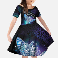 Polynesian Tala Manta Ray Family Matching Long Sleeve Bodycon Dress and Hawaiian Shirt Nowhere You Could Go That I Won't Be With You LT7 Daughter's Dress Purple Teal - Polynesian Pride