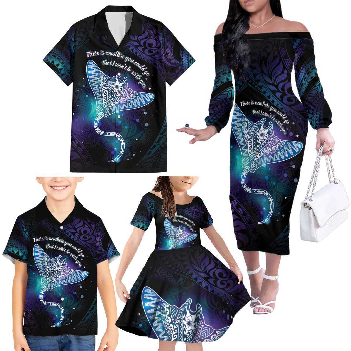 Polynesian Tala Manta Ray Family Matching Off The Shoulder Long Sleeve Dress and Hawaiian Shirt Nowhere You Could Go That I Won't Be With You LT7 - Polynesian Pride