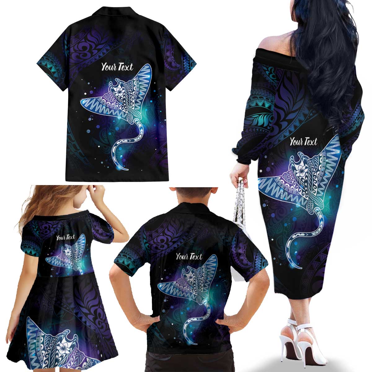 Polynesian Tala Manta Ray Family Matching Off The Shoulder Long Sleeve Dress and Hawaiian Shirt Nowhere You Could Go That I Won't Be With You LT7 - Polynesian Pride