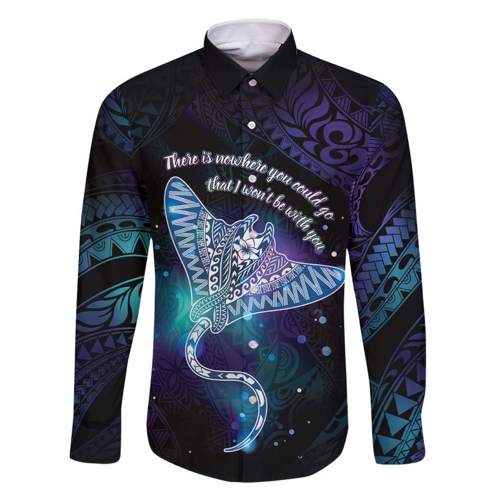 Polynesian Tala Manta Ray Family Matching Off Shoulder Short Dress and Hawaiian Shirt Nowhere You Could Go That I Won't Be With You LT7 Dad's Shirt - Long Sleeve Purple Teal - Polynesian Pride
