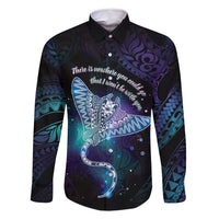 Polynesian Tala Manta Ray Family Matching Off Shoulder Short Dress and Hawaiian Shirt Nowhere You Could Go That I Won't Be With You LT7 Dad's Shirt - Long Sleeve Purple Teal - Polynesian Pride