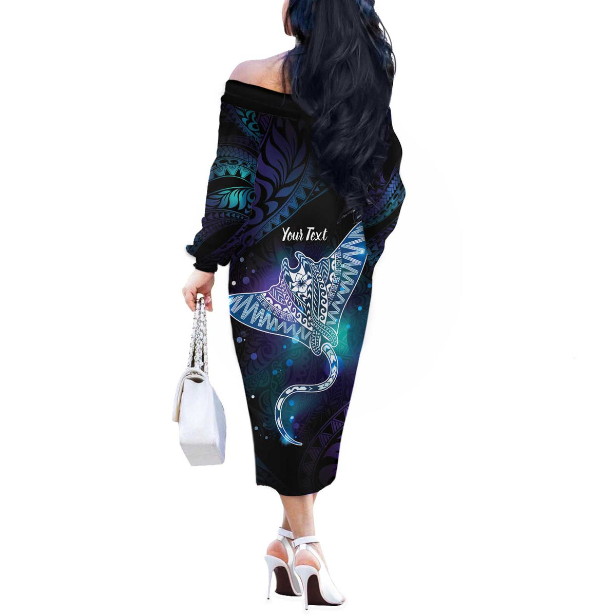 Polynesian Tala Manta Ray Off The Shoulder Long Sleeve Dress Nowhere You Could Go That I Won't Be With You LT7 - Polynesian Pride