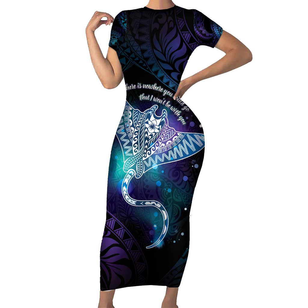 Polynesian Tala Manta Ray Short Sleeve Bodycon Dress Nowhere You Could Go That I Won't Be With You LT7 Long Dress Purple Teal - Polynesian Pride