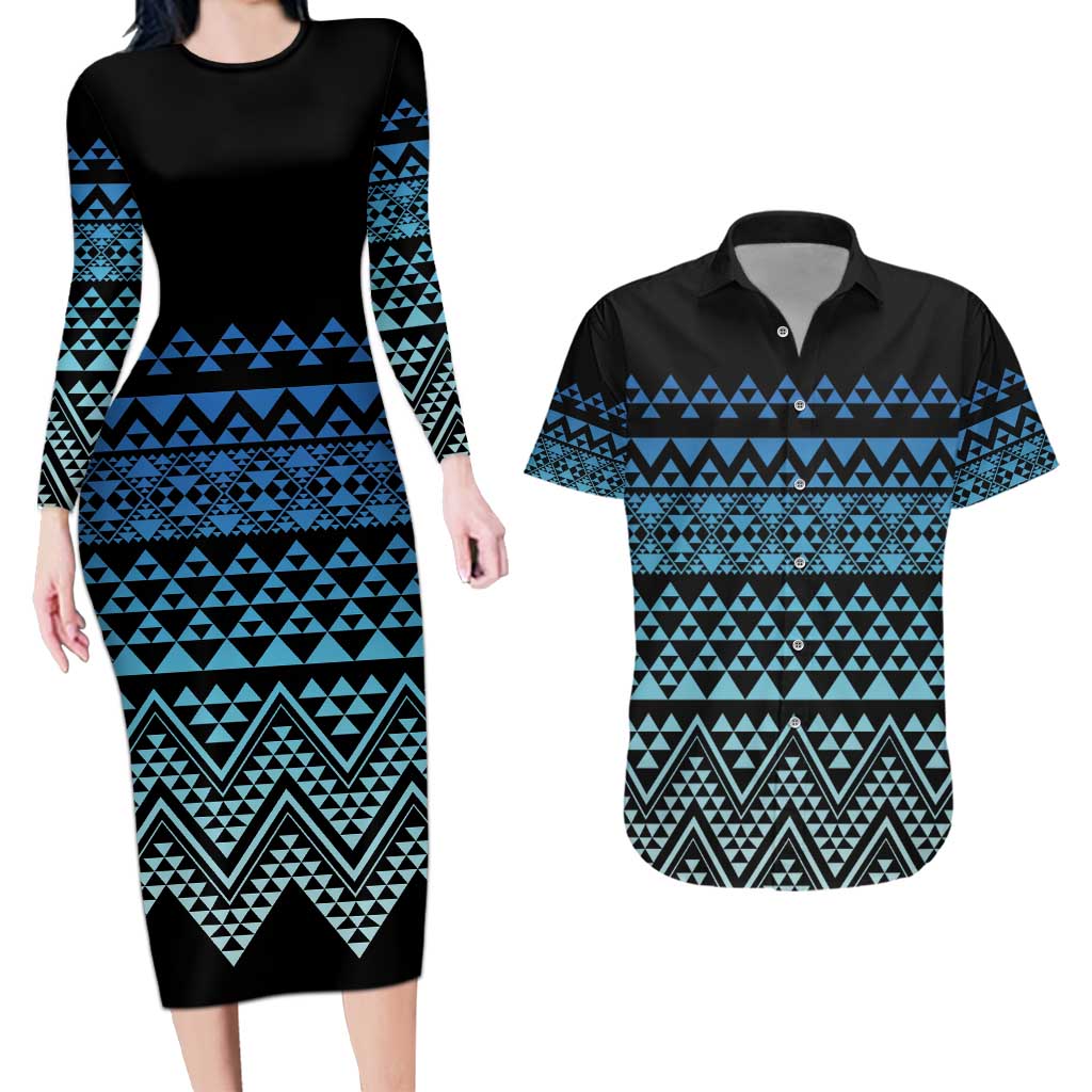 Maori Niho Taniwha Te Wheiao Couples Matching Long Sleeve Bodycon Dress and Hawaiian Shirt Moana Blue LT7 Blue - Polynesian Pride