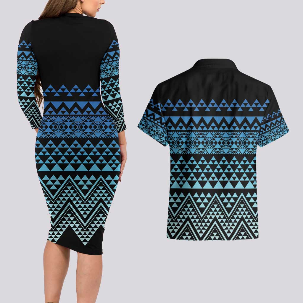 Maori Niho Taniwha Te Wheiao Couples Matching Long Sleeve Bodycon Dress and Hawaiian Shirt Moana Blue LT7 - Polynesian Pride
