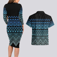 Maori Niho Taniwha Te Wheiao Couples Matching Long Sleeve Bodycon Dress and Hawaiian Shirt Moana Blue LT7 - Polynesian Pride