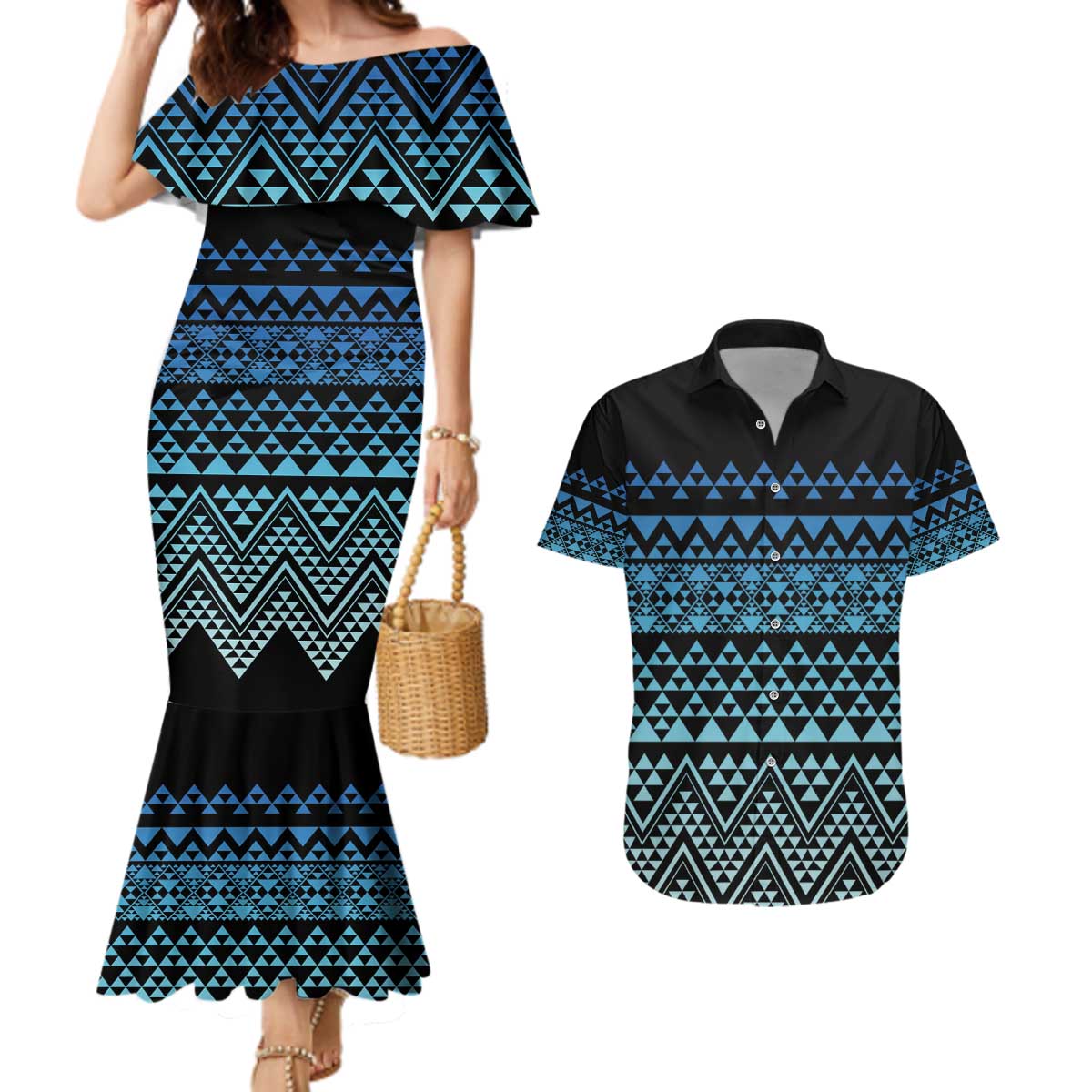 Maori Niho Taniwha Te Wheiao Couples Matching Mermaid Dress and Hawaiian Shirt Moana Blue LT7 Blue - Polynesian Pride