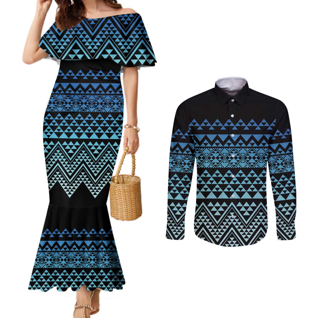 Maori Niho Taniwha Te Wheiao Couples Matching Mermaid Dress and Long Sleeve Button Shirt Moana Blue - Polynesian Pride