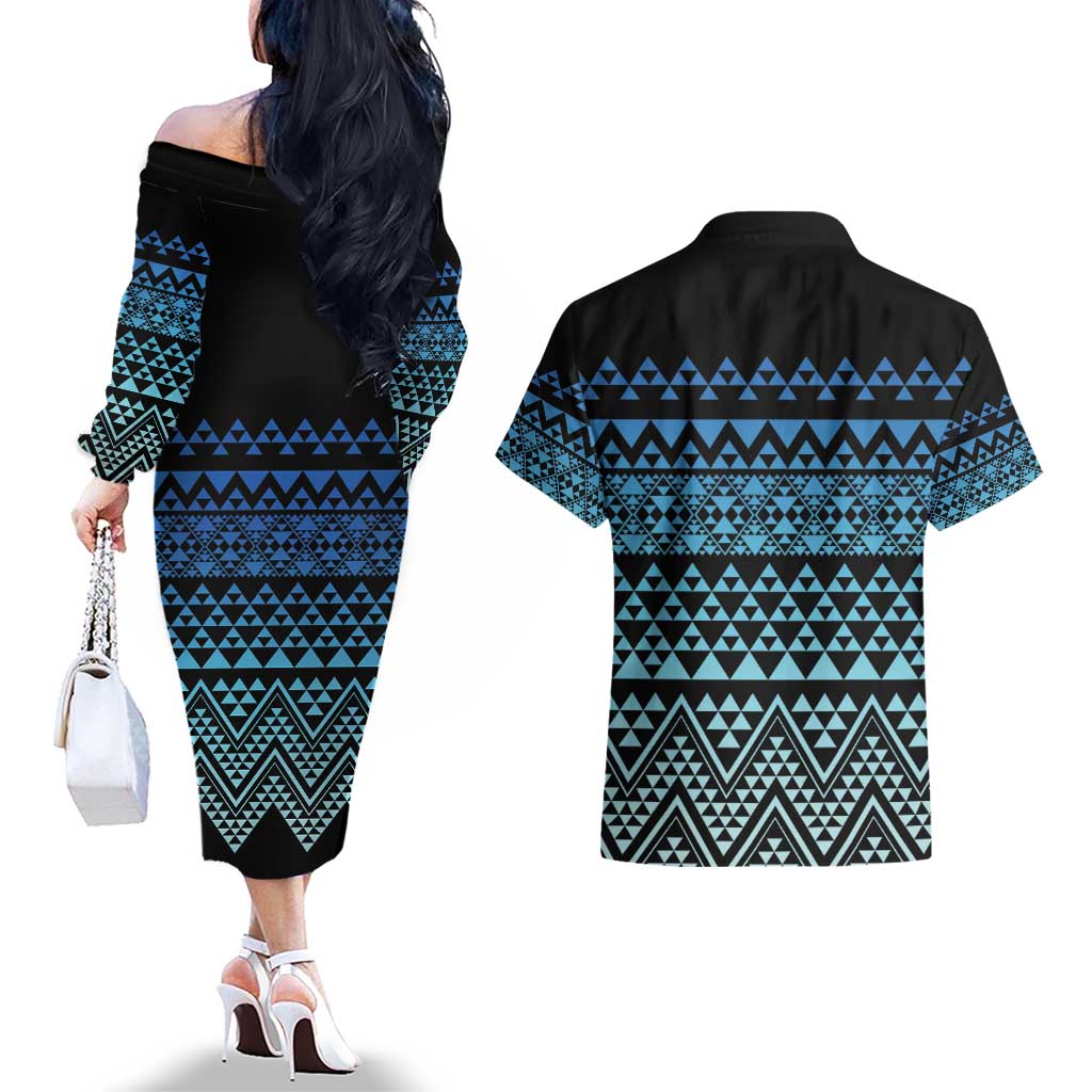 Maori Niho Taniwha Te Wheiao Couples Matching Off The Shoulder Long Sleeve Dress and Hawaiian Shirt Moana Blue LT7 - Polynesian Pride