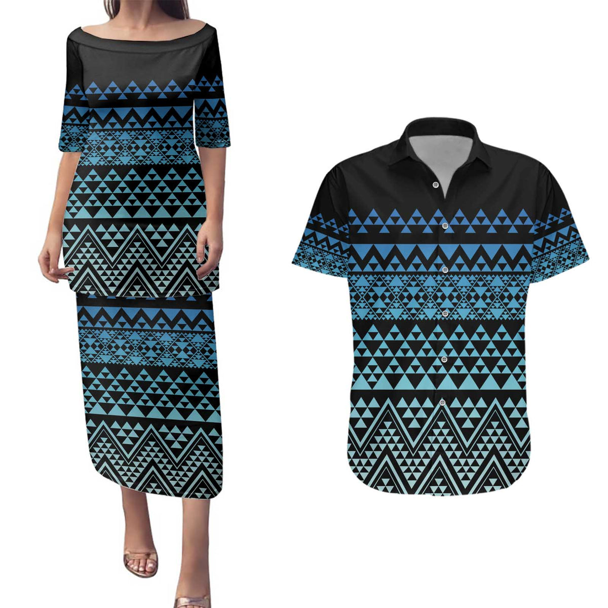 Maori Niho Taniwha Te Wheiao Couples Matching Puletasi and Hawaiian Shirt Moana Blue - Polynesian Pride