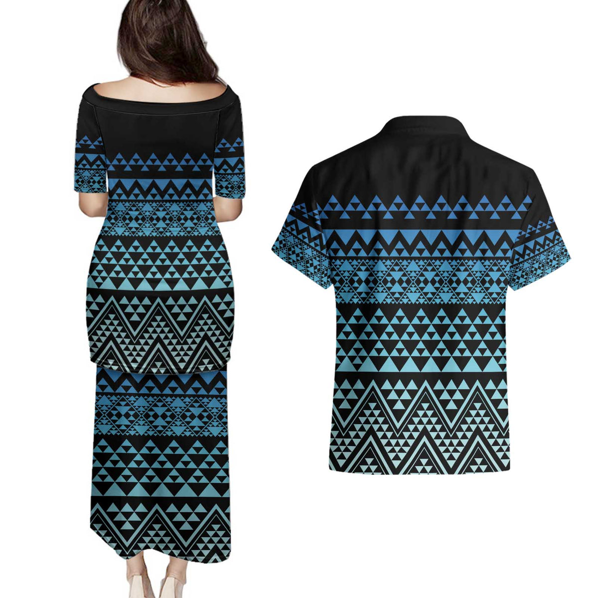 Maori Niho Taniwha Te Wheiao Couples Matching Puletasi and Hawaiian Shirt Moana Blue - Polynesian Pride