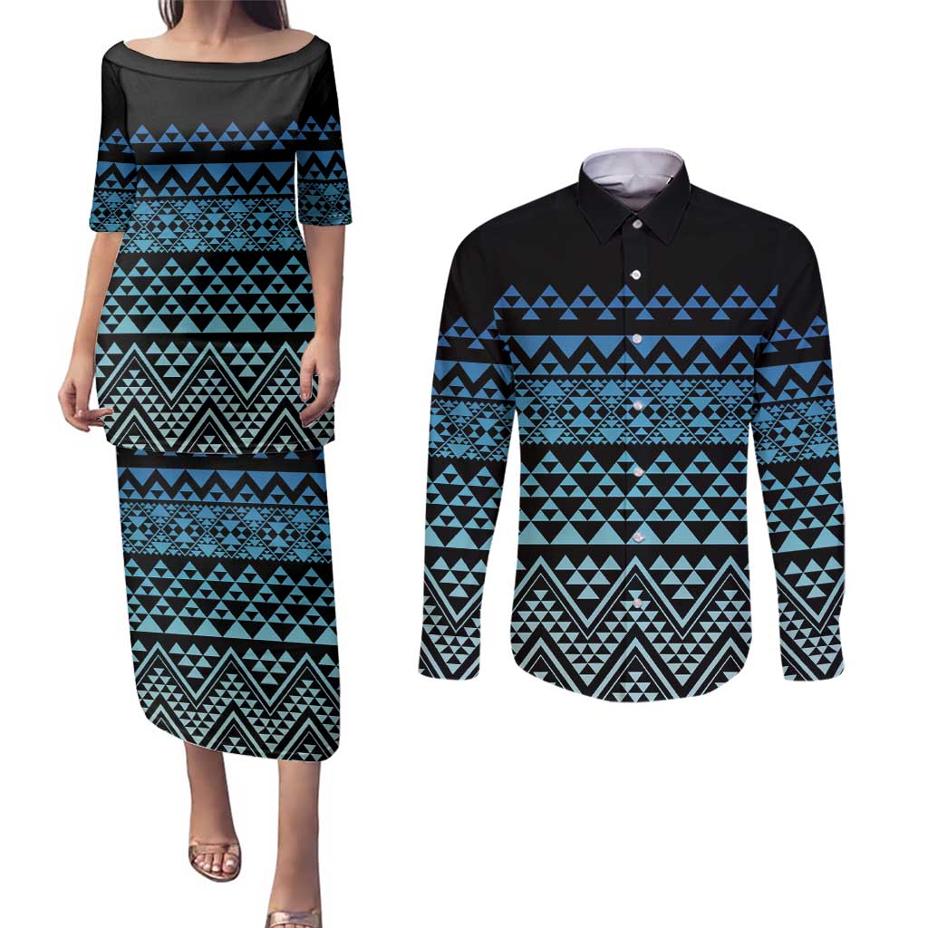 Maori Niho Taniwha Te Wheiao Couples Matching Puletasi and Long Sleeve Button Shirt Moana Blue LT7 Blue - Polynesian Pride