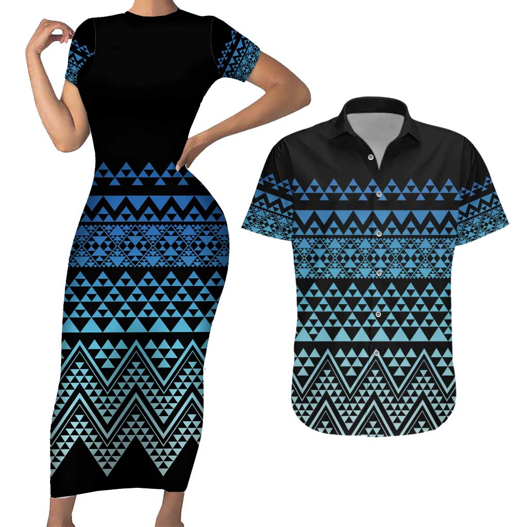 Maori Niho Taniwha Te Wheiao Couples Matching Short Sleeve Bodycon Dress and Hawaiian Shirt Moana Blue LT7 Blue - Polynesian Pride