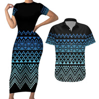 Maori Niho Taniwha Te Wheiao Couples Matching Short Sleeve Bodycon Dress and Hawaiian Shirt Moana Blue LT7 Blue - Polynesian Pride