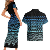 Maori Niho Taniwha Te Wheiao Couples Matching Short Sleeve Bodycon Dress and Hawaiian Shirt Moana Blue LT7 - Polynesian Pride