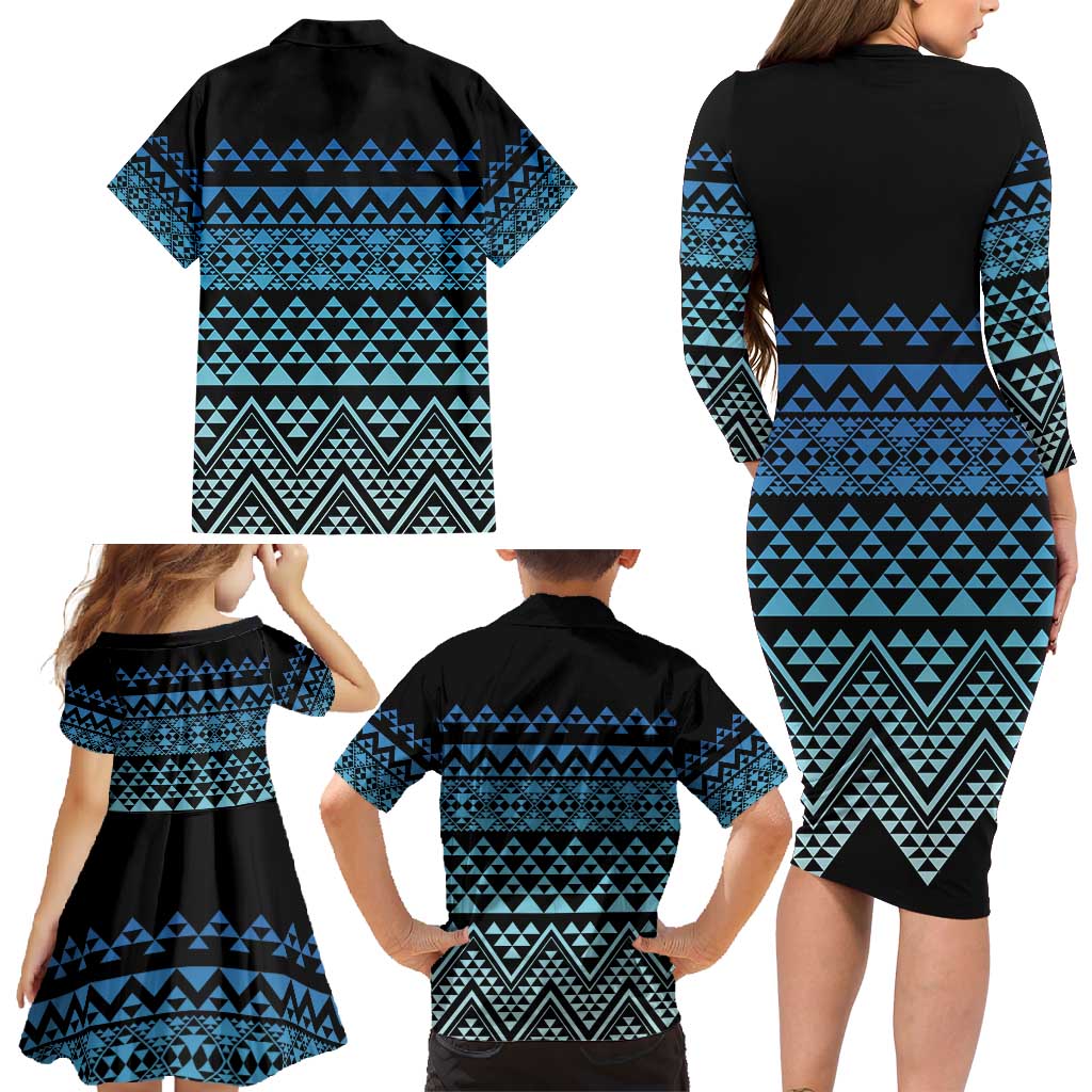 Maori Niho Taniwha Te Wheiao Family Matching Long Sleeve Bodycon Dress and Hawaiian Shirt Moana Blue LT7 - Polynesian Pride