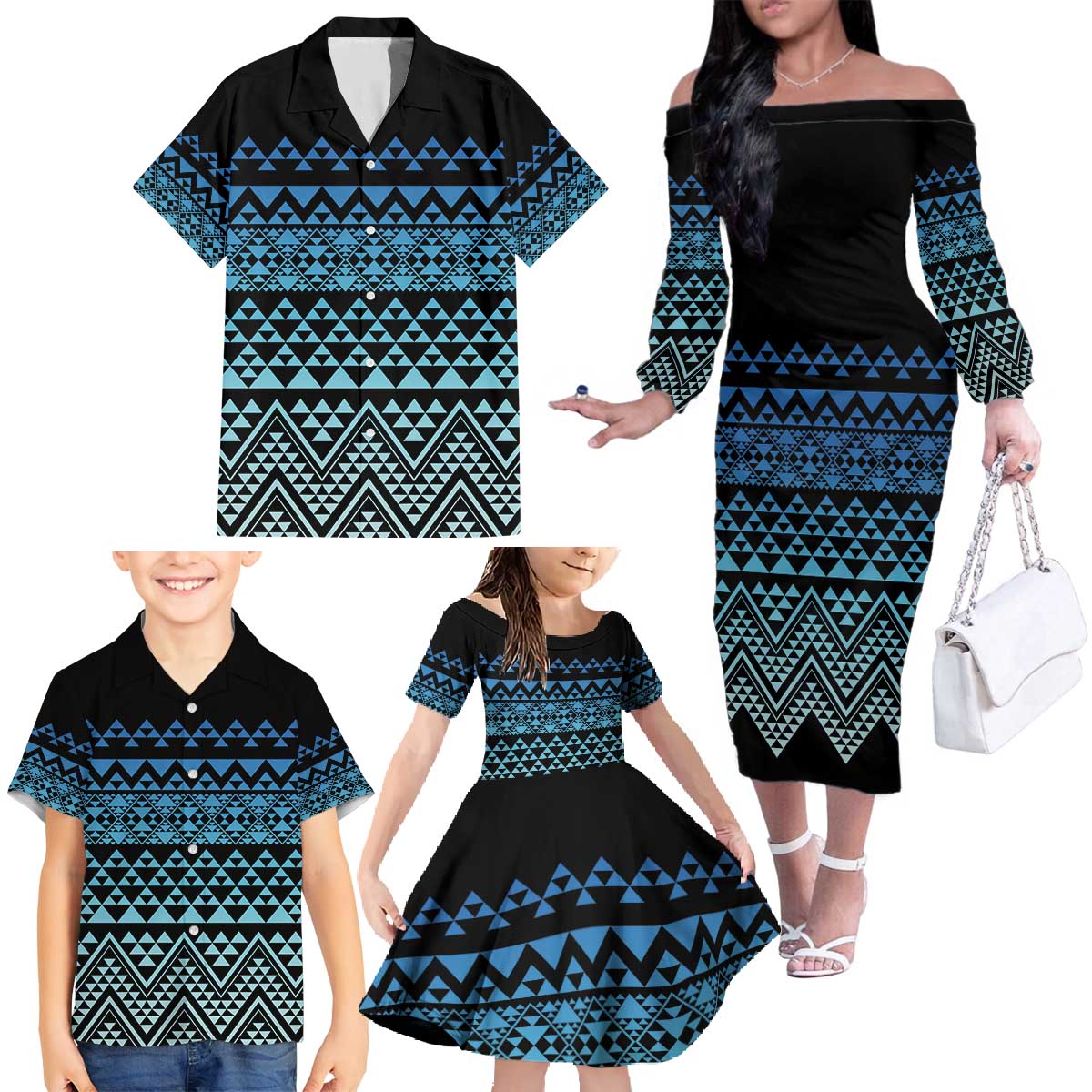 Maori Niho Taniwha Te Wheiao Family Matching Off The Shoulder Long Sleeve Dress and Hawaiian Shirt Moana Blue LT7 - Polynesian Pride