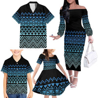 Maori Niho Taniwha Te Wheiao Family Matching Off The Shoulder Long Sleeve Dress and Hawaiian Shirt Moana Blue LT7 - Polynesian Pride
