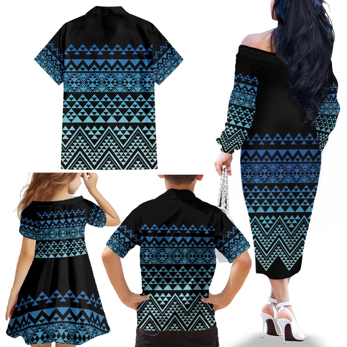 Maori Niho Taniwha Te Wheiao Family Matching Off The Shoulder Long Sleeve Dress and Hawaiian Shirt Moana Blue LT7 - Polynesian Pride