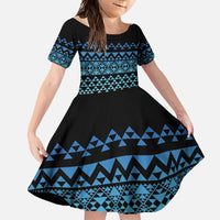 Maori Niho Taniwha Te Wheiao Family Matching Off Shoulder Maxi Dress and Hawaiian Shirt Moana Blue LT7 Daughter's Dress Blue - Polynesian Pride